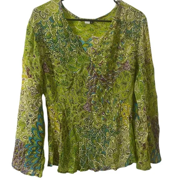 Pheobe Buffay Style Green Peacock Print Top Split Tie Bell Sleeve L Boho Rayon - Picture 1 of 5